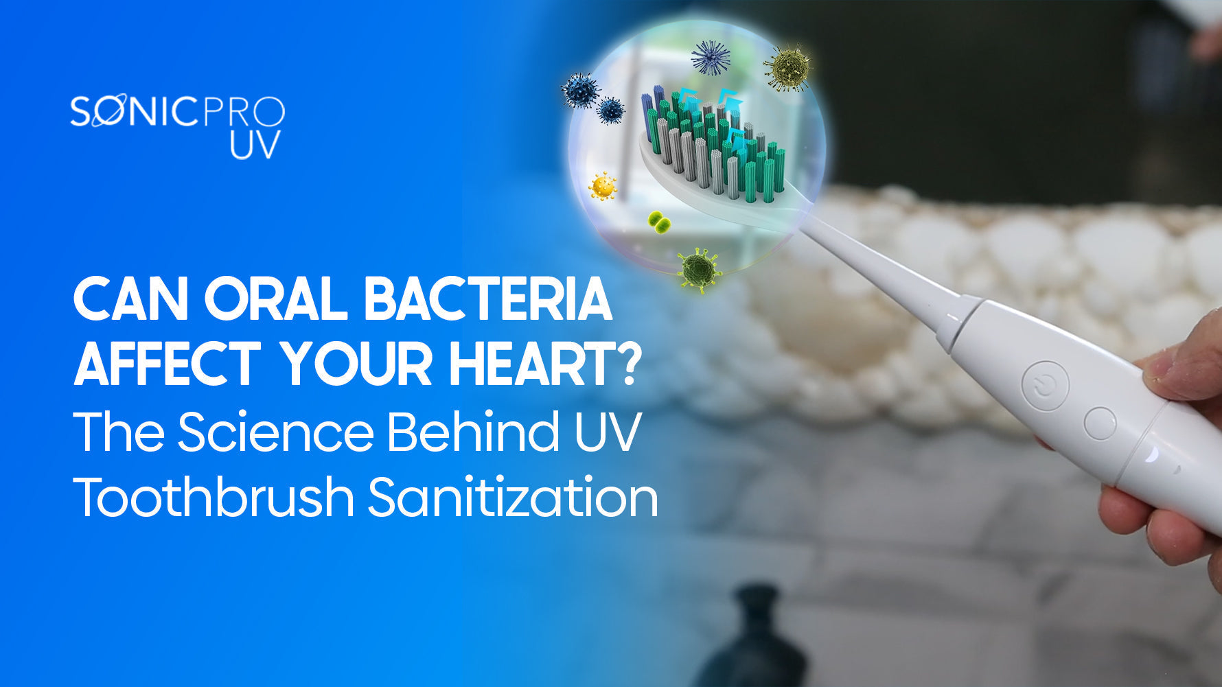 Toothbrush zoomed in surrounded by bacteria particles